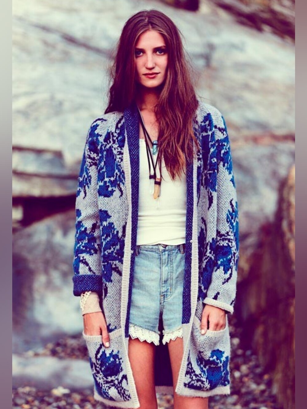 Free People Power Flower Blue Floral Open-Front Knit Cardigan Size S